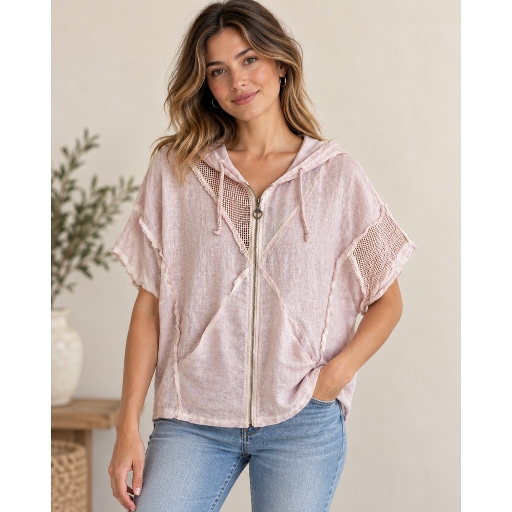 Tempo Paris Mauve Linen Short Sleeve Zip Up Hoodie Mesh Detail Italy S/M NWT